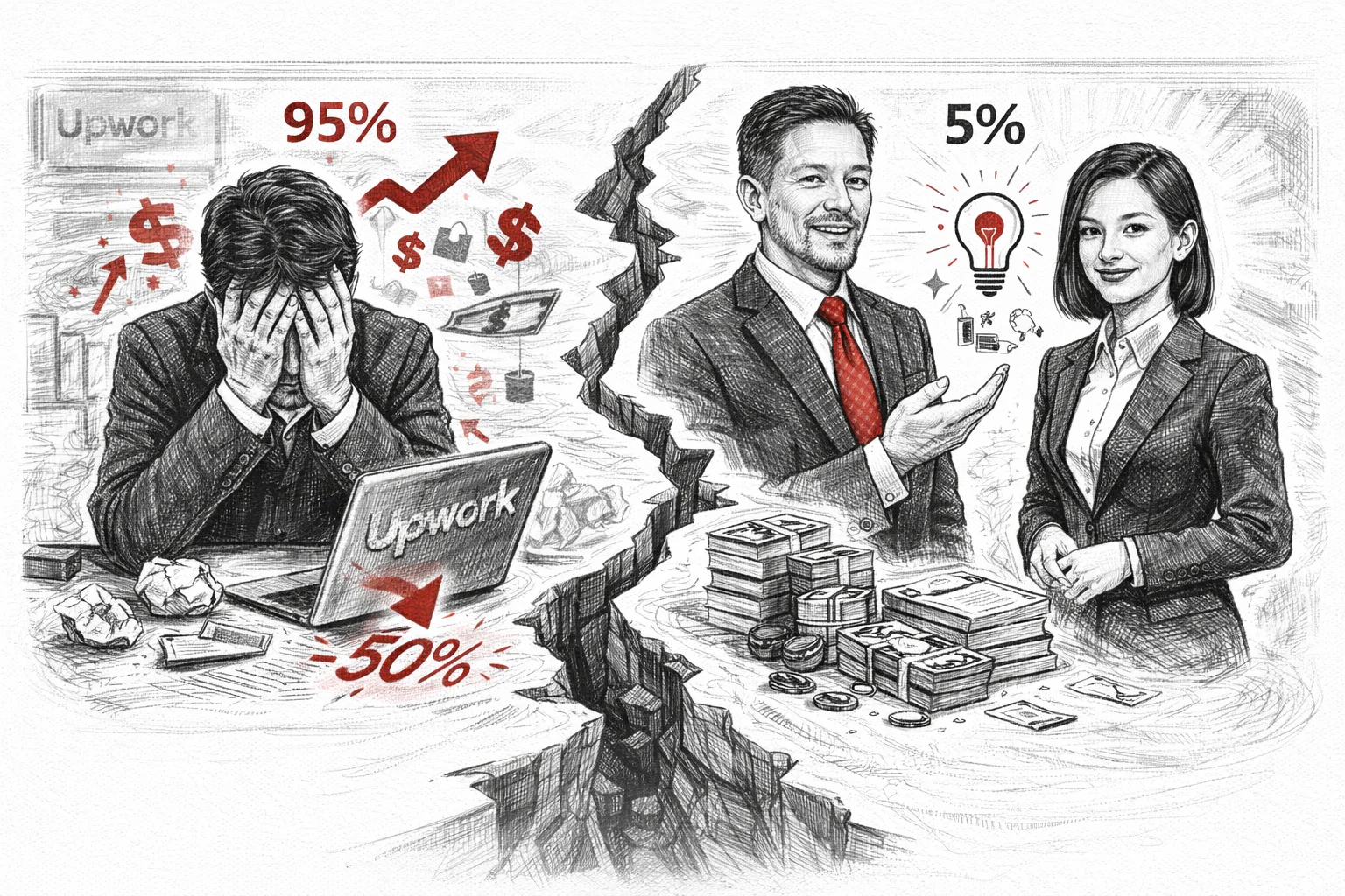 AI 時代的殘酷分水嶺:為什麼 95% 自由工作者的收入腰斬,5% 卻翻倍成長?